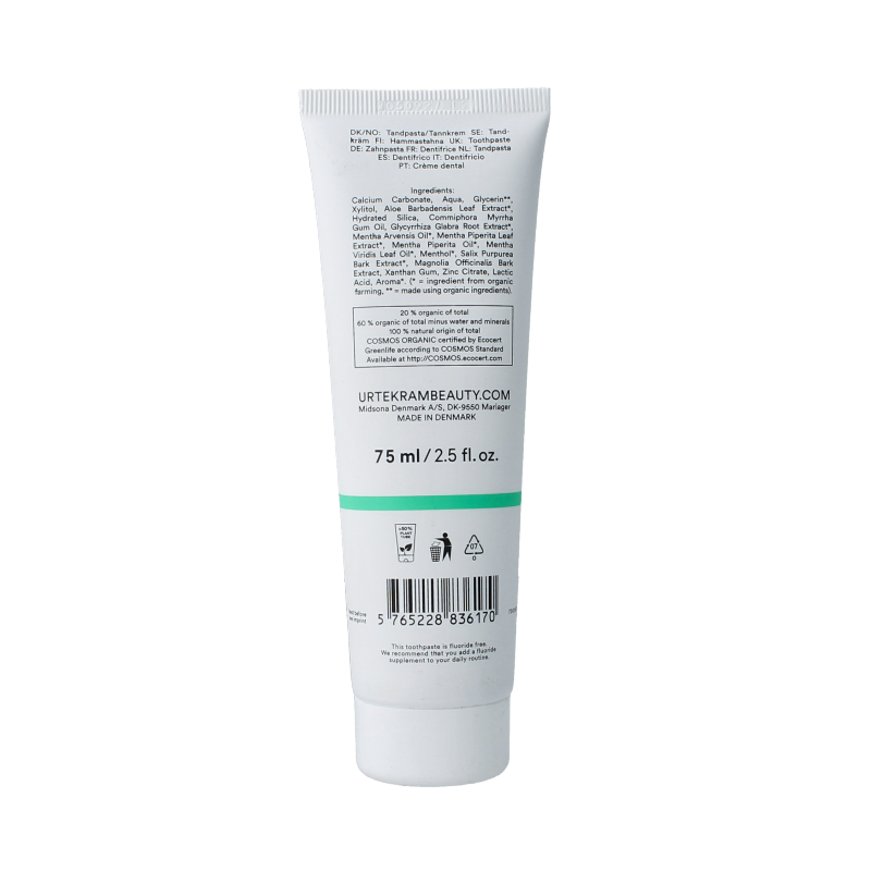 Urtekram Tandpasta sensitive strong mint fluoridevrij 75 Milliliter