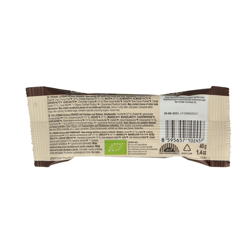 Lifefood Lifebar inchoco sinaasappel bio raw 40.00 Gram