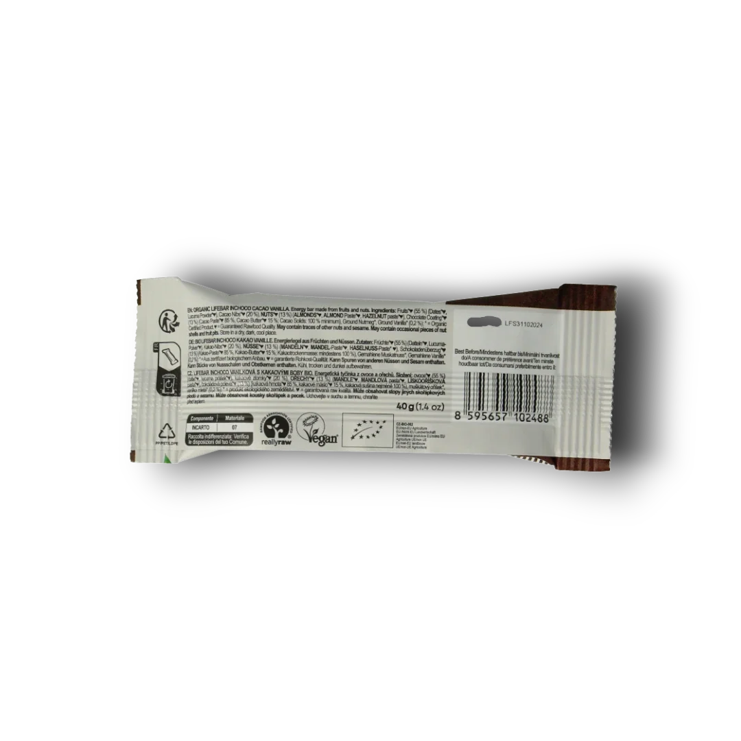 Lifefood Lifebar inchoco chocolade vanille raw bio 40 Gram