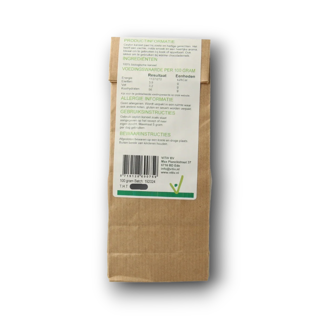 Vitiv Ceylon kaneel poeder bio 100.00 Gram